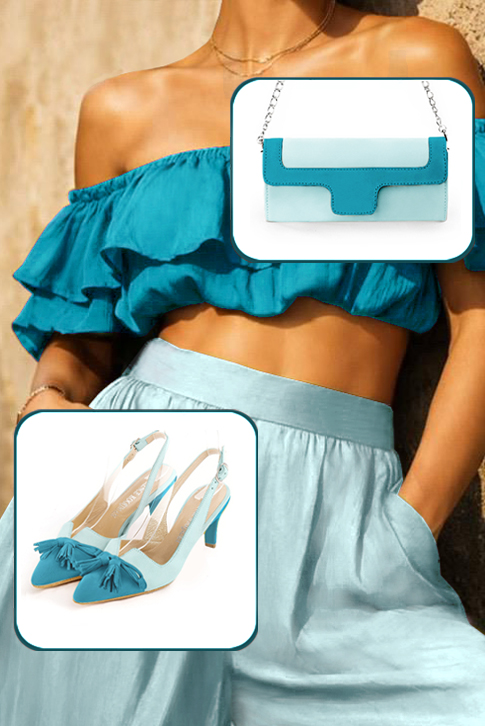 Women's turquoise blue and aquamarine blue elegant slingback heels, with a bow on the front. Tapered toe. Medium slim heel - Worn view